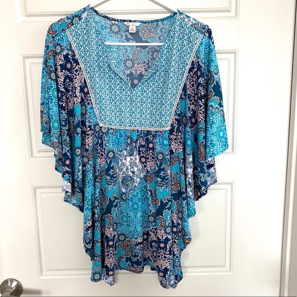 Cato Tops - Cato Floral Blue Paisley Print Overlay Top MED